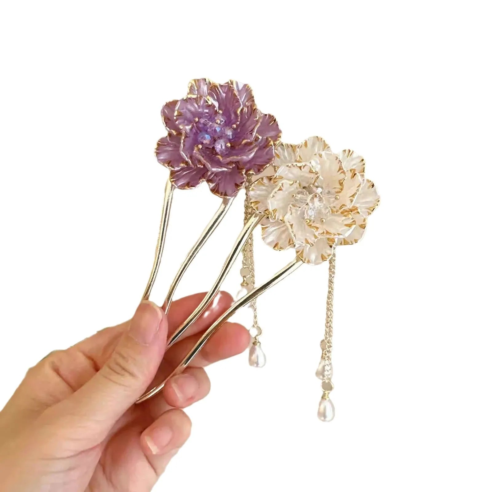 Purple and white peony flower U-shaped hairpin with tassel detail on alloy metal construction