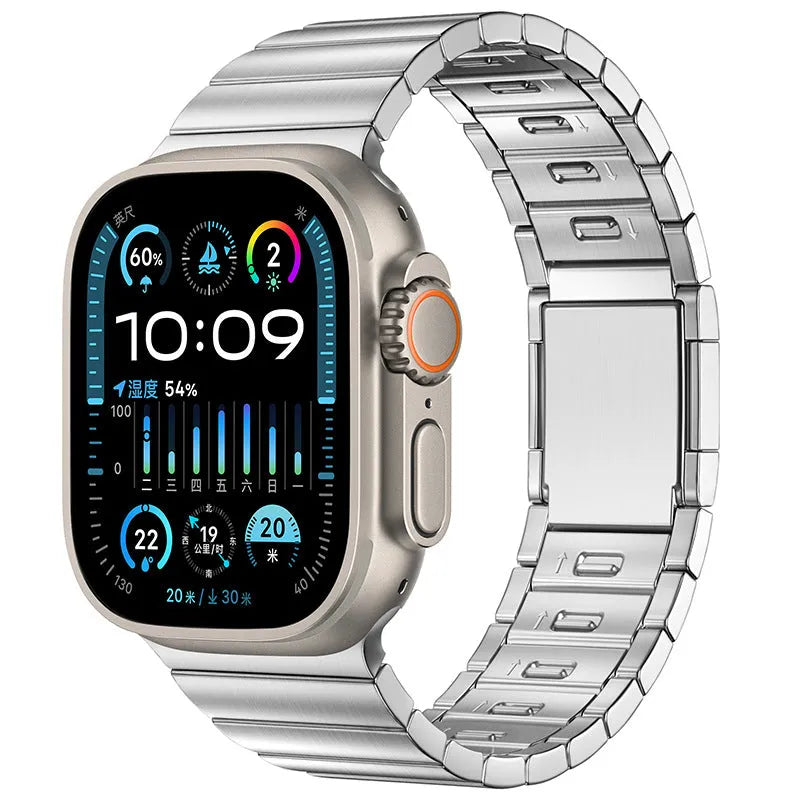 Stainless steel magnetic clasp Apple Watch strap in business style design showing seven colour options