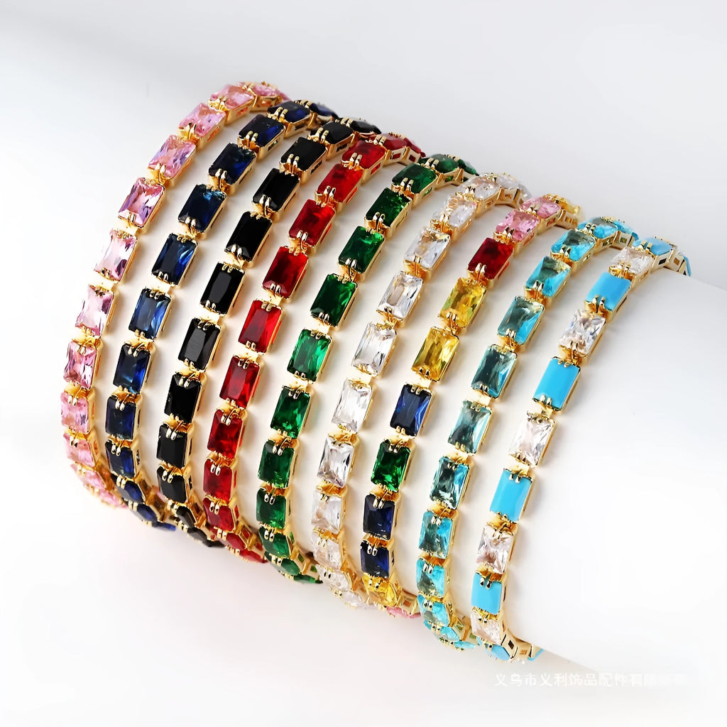 Women's zircon bracelet with electroplated gold or platinum finish and coloured zircon stones