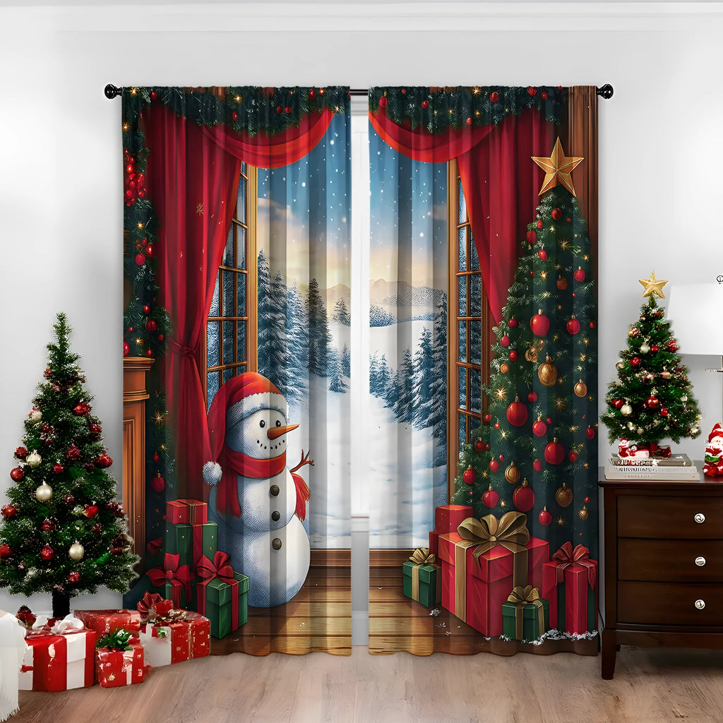Pair of 3D digitally printed Christmas curtains in a modern design, made from polyester fabric.