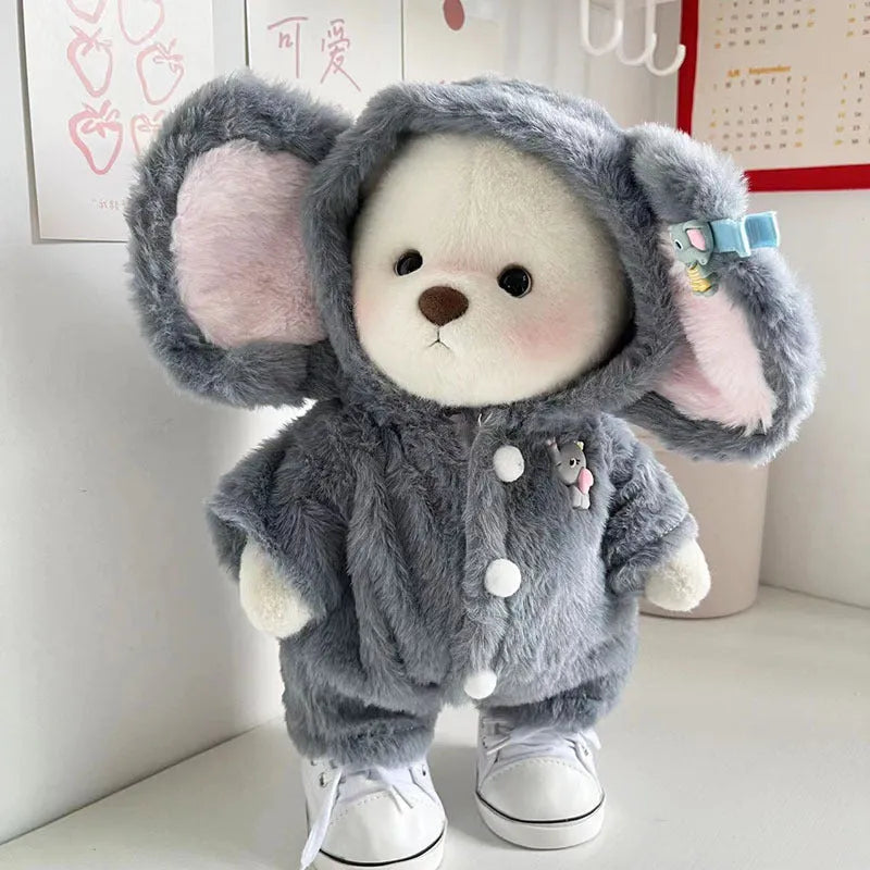 Grey elephant-print plush jumpsuit for a 30cm doll, shown as a one-piece suit.