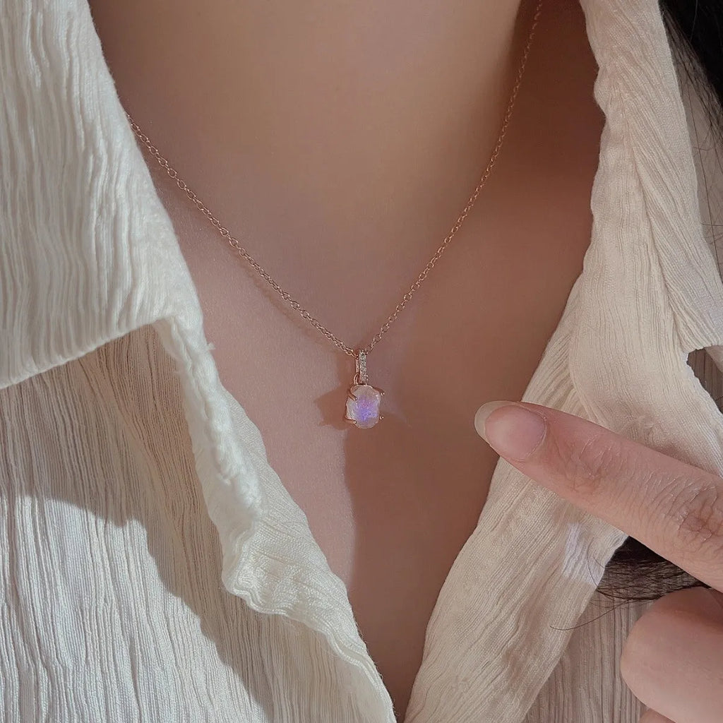 S925 sterling silver moonstone pendant necklace with geometric design and adjustable chain