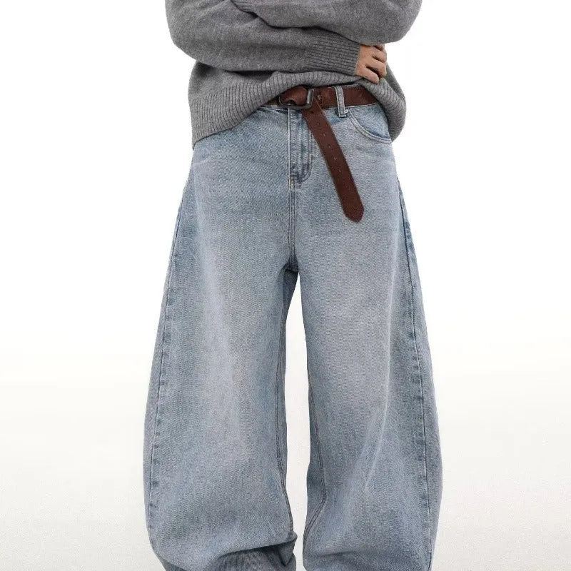 Men's blue distressed straight leg jeans with retro washing and micro elasticity