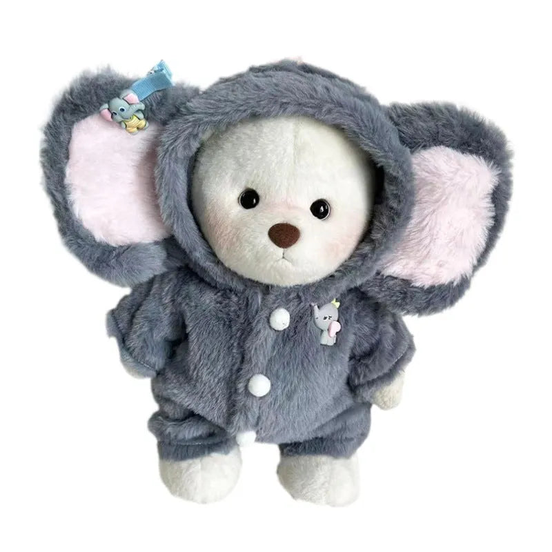 Grey elephant-print plush jumpsuit for a 30cm doll, shown as a one-piece suit.