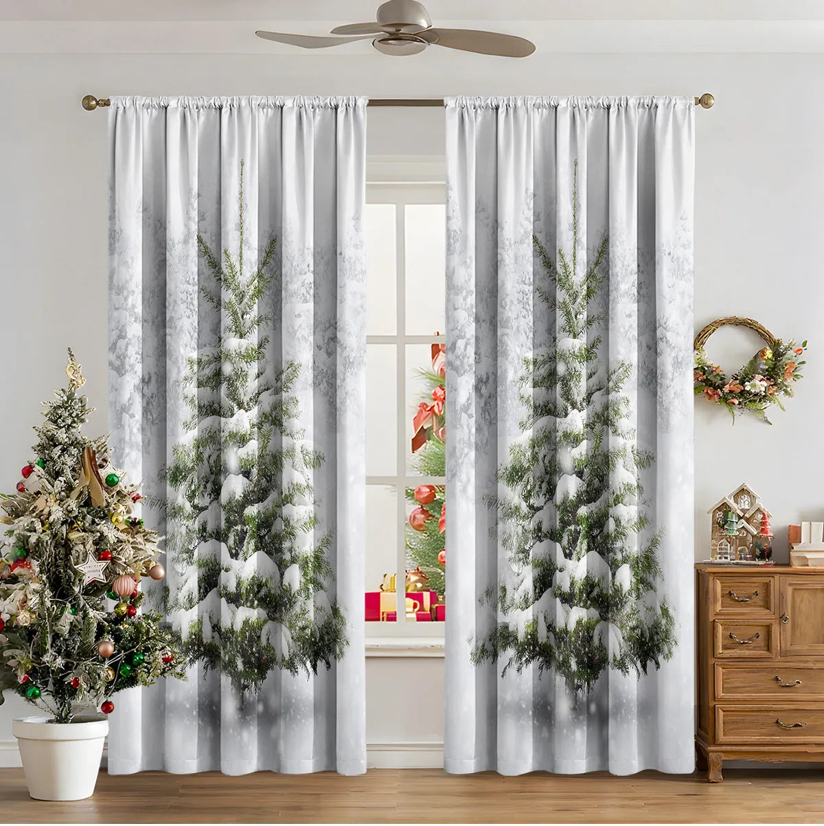 Pair of 3D digitally printed Christmas curtains in a modern design, made from polyester fabric.