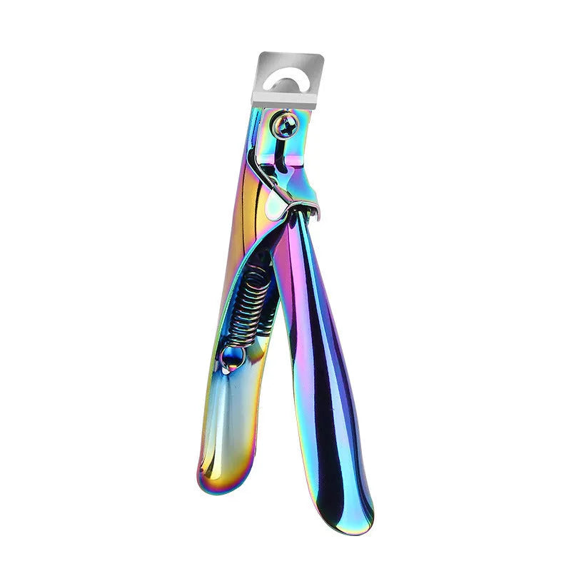 French U-shaped stainless steel nail art scissors shown in black, titanium, and silver handle finishes.