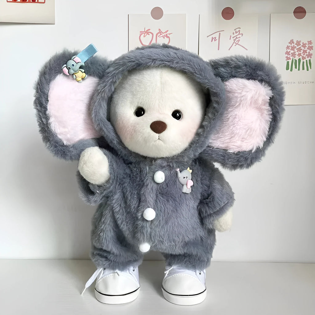 Grey elephant-print plush jumpsuit for a 30cm doll, shown as a one-piece suit.