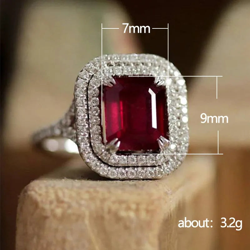 Red geometric square copper women's ring with sparkling rhinestones.