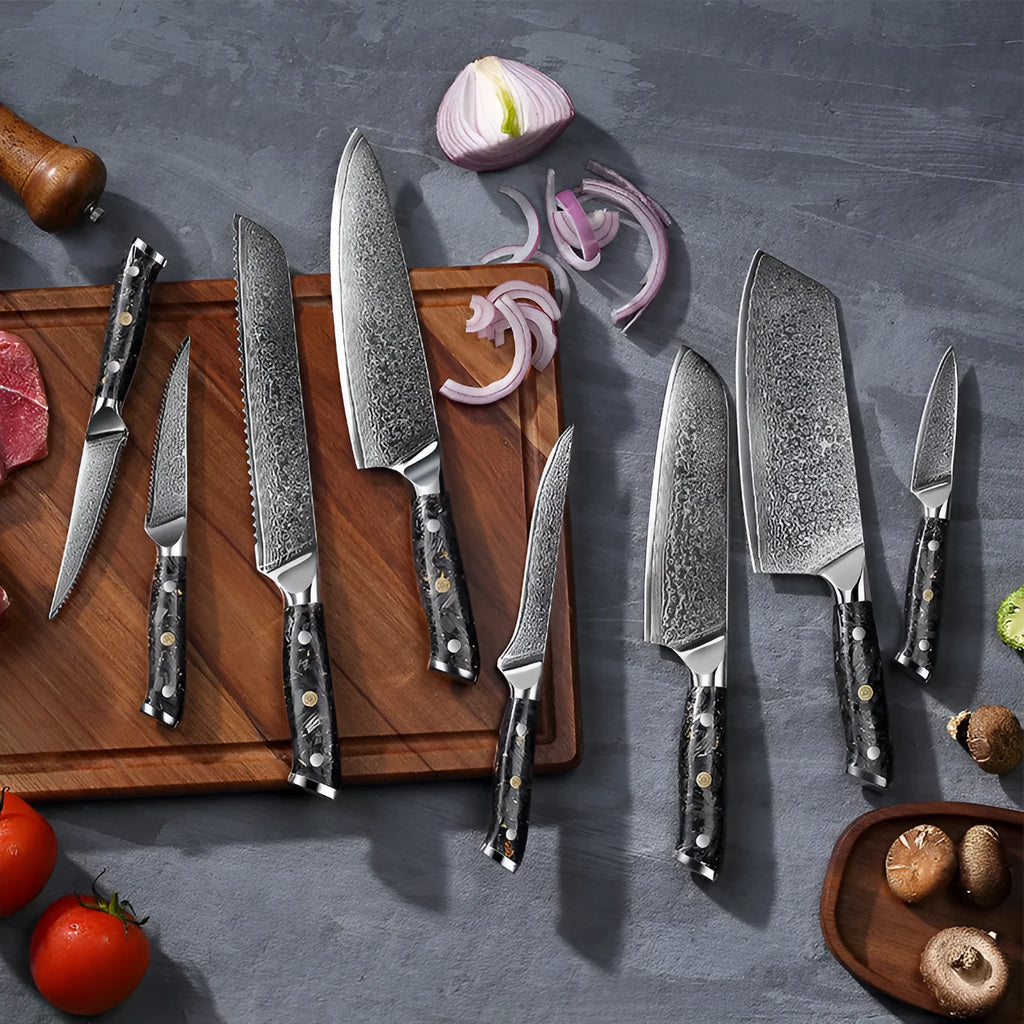 Eight-piece Damascus steel kitchen knife set showing fishbone pattern blades on a wooden surface.