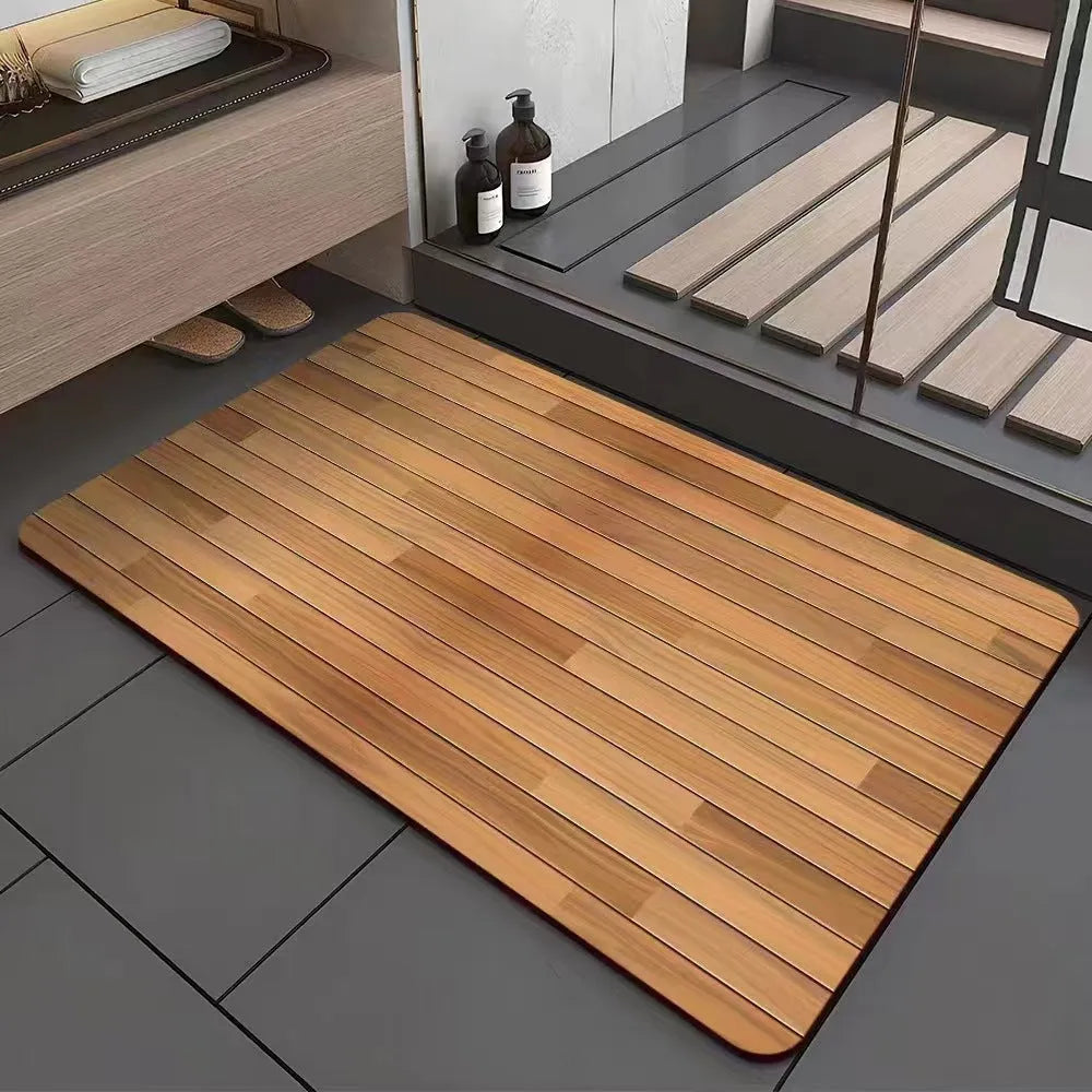 American style square diatom ooze floor mat with wood grain geometric pattern for bathroom use