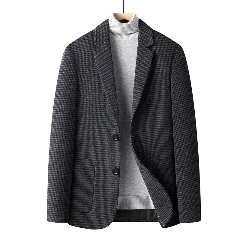 Men's slim-fit grey wool suit jacket with a notch lapel, shown on a hanger.