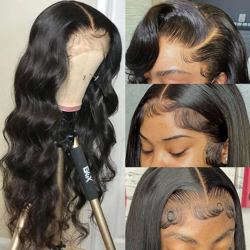 Black long curly synthetic wig with front lace and side bangs on a wig stand.