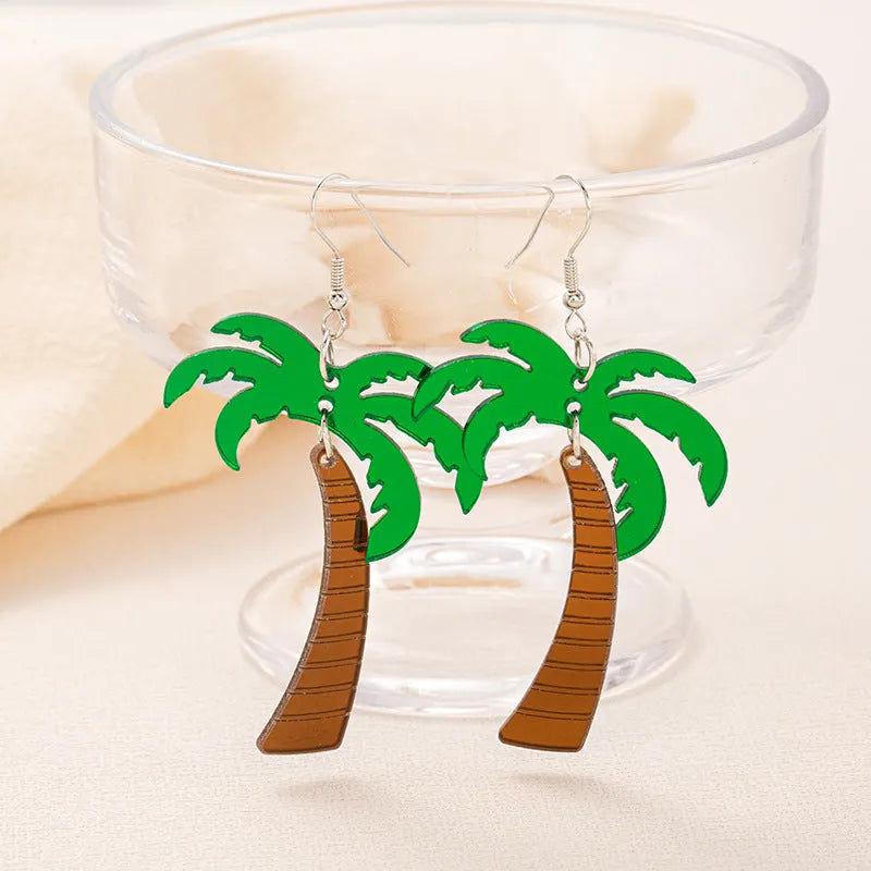 Acrylic drop earrings with coconut and jackfruit design on the ear hook in one of five styles.