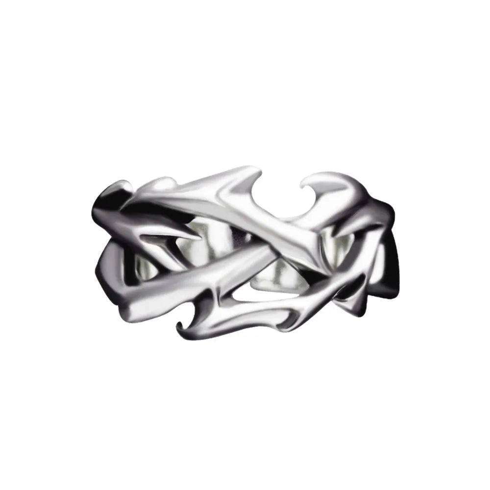 Copper men's ring with geometric thorn and flower design and adjustable band.
