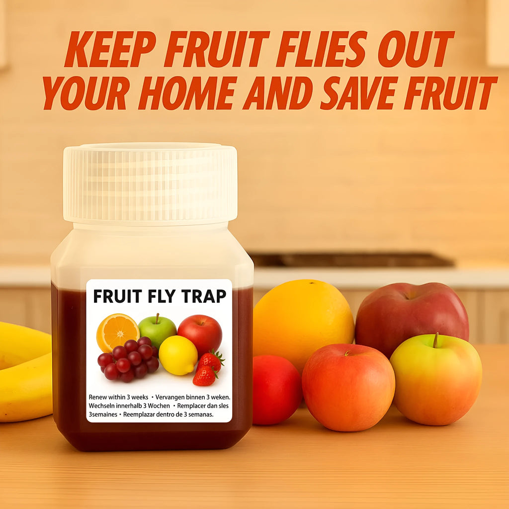 Bottle of SK003 fruit fly trapper bait liquid on a kitchen counter.