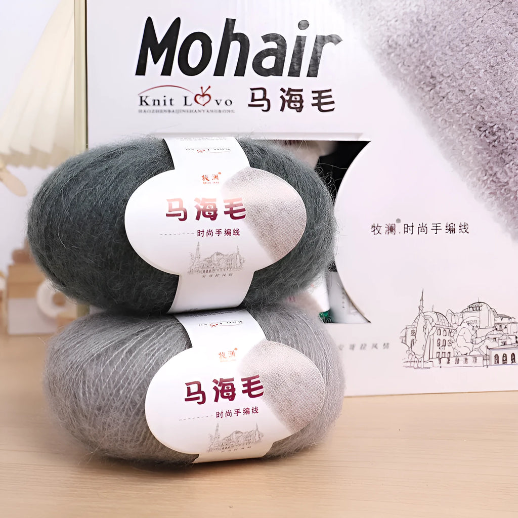 Ball of mohair yarn for DIY scarf knitting in one of 34 colours, including white, pink, blue, and green.