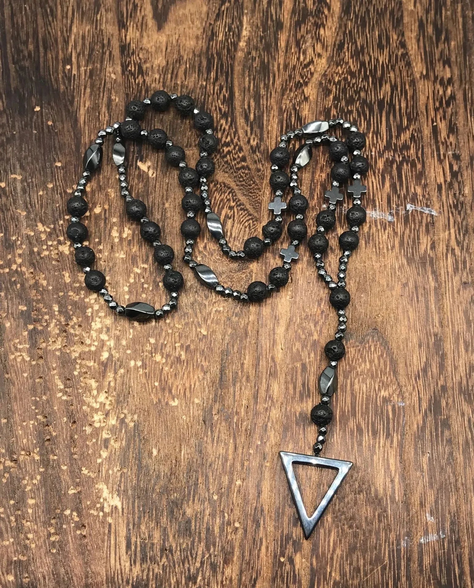 Men's stone cross pendant necklace on 80cm ball bead chain with safety lock clasp