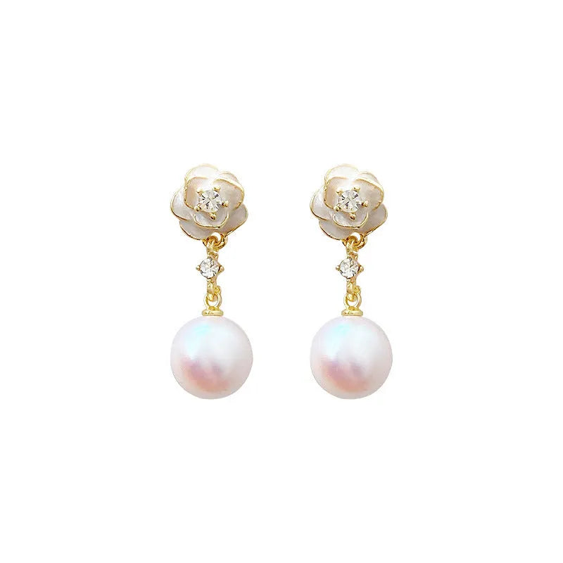 Camellia flower stud earrings with alloy construction and floral detailing