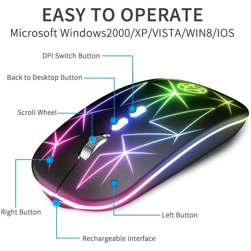 Wireless Bluetooth gaming mouse with luminous charging LED and metallic scroll wheel in star black colour