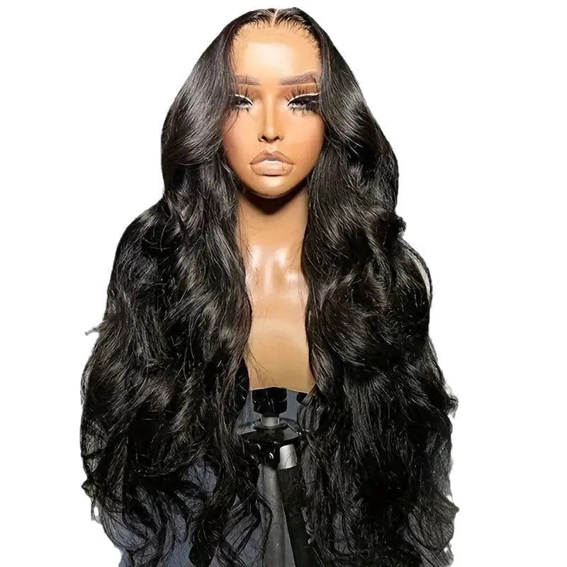 Black lace big wave synthetic wig on a mannequin head showing long curly hair.