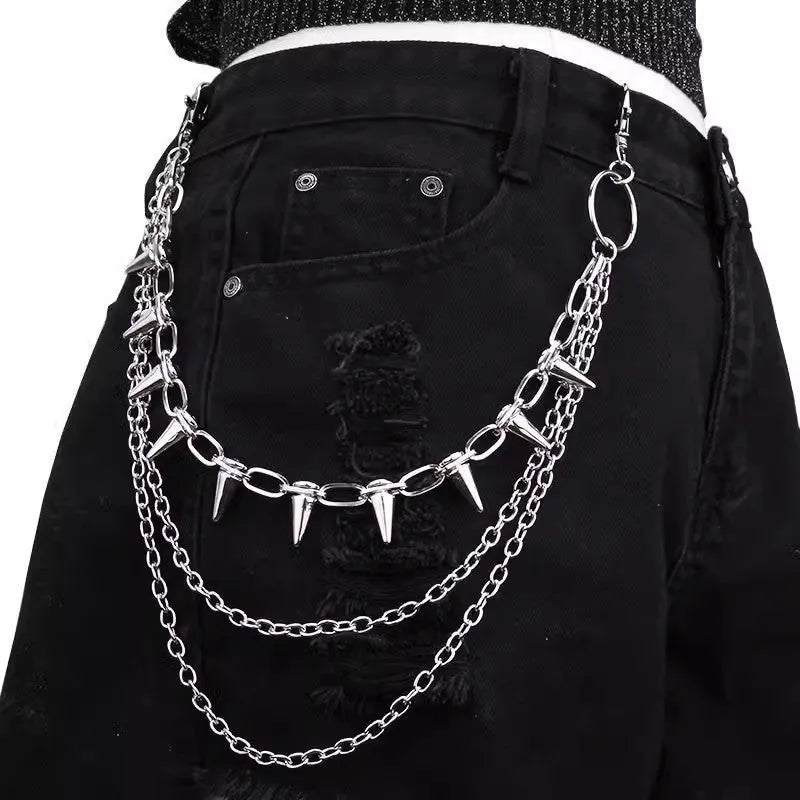 Silver metal waist chain with punk rivet decoration and zipper fastening, showing double layered construction