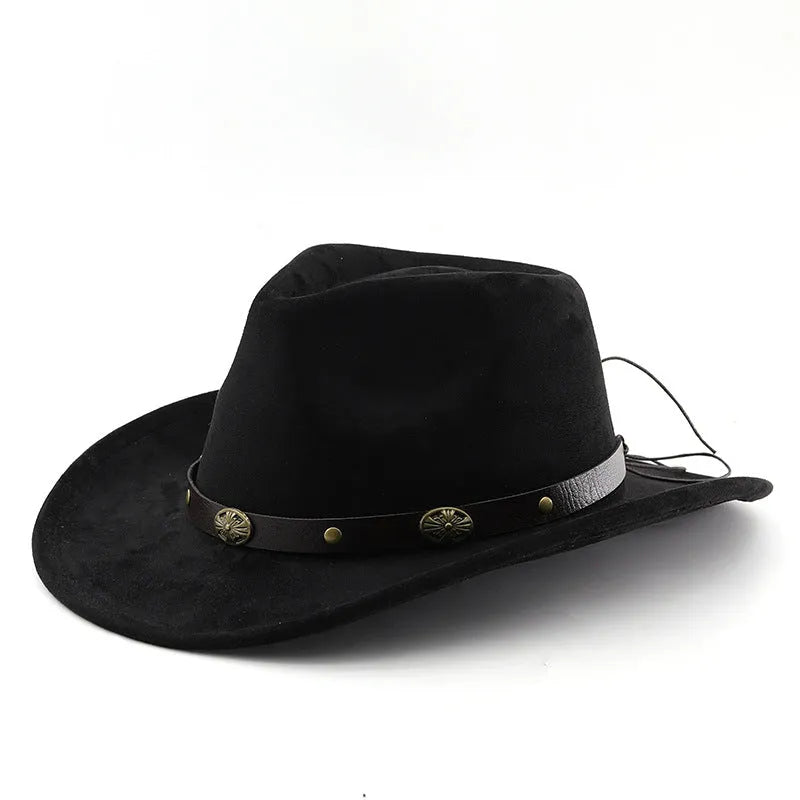 Brown leather velvet cowboy hat with curved brim and conical crown on a wooden post.