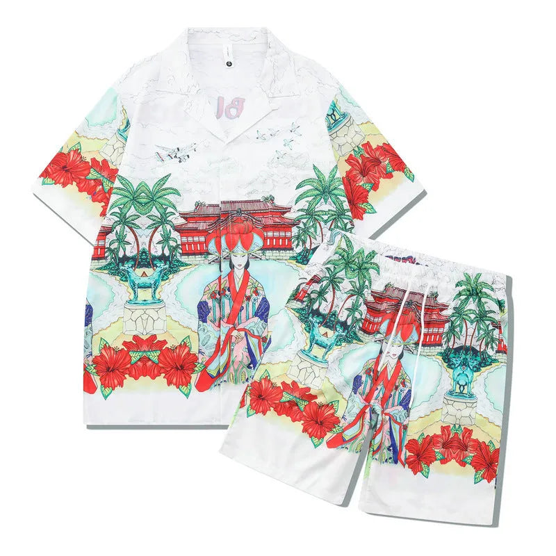 Men's plaid print beach outfit with short sleeve shirt and matching pants set