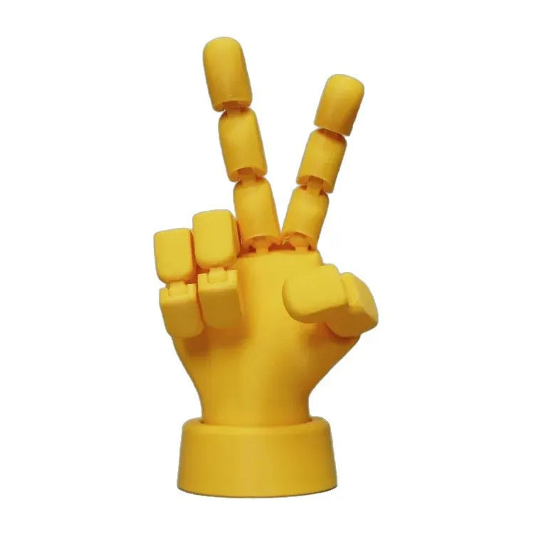 Yellow movable joint hand ornament figurine made from PLA plastic for decorative display.