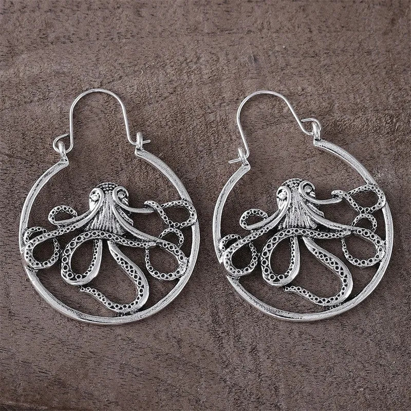 Vintage octopus earrings in antique silver finish with retro animal design