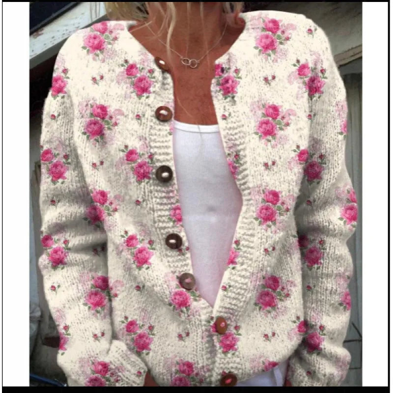 Women's digitally printed cardigan coat in polyester, open front style, shown on a hanger