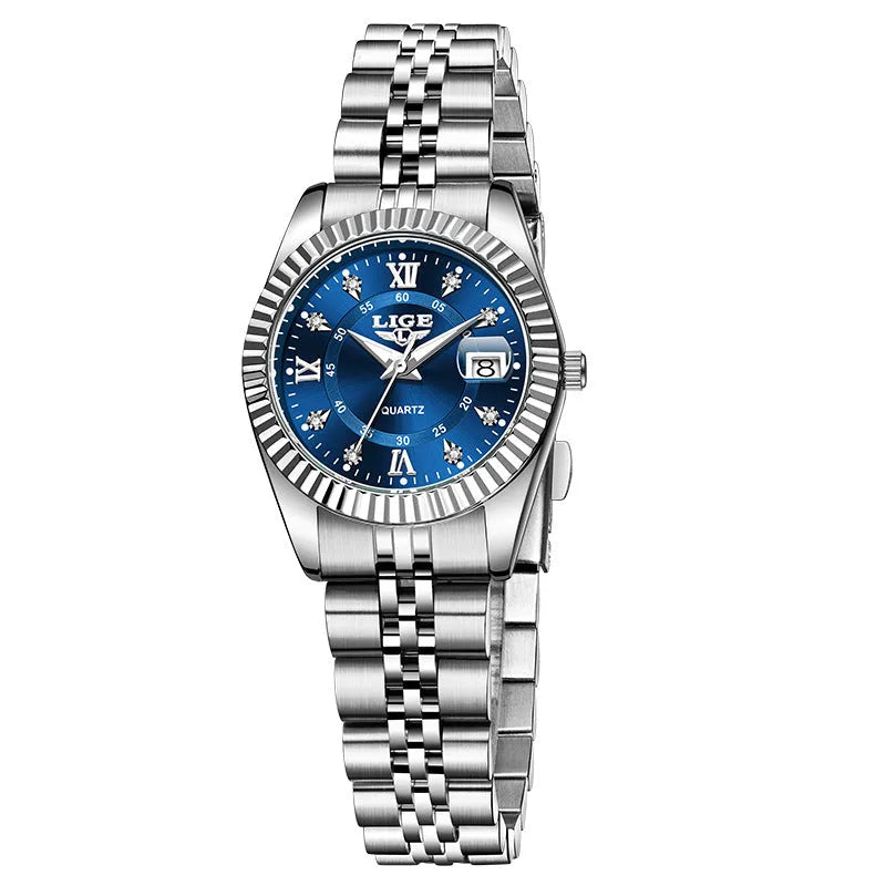 Slim gold and silver waterproof quartz fashion watch for women on a wrist, showing 10mm thickness.