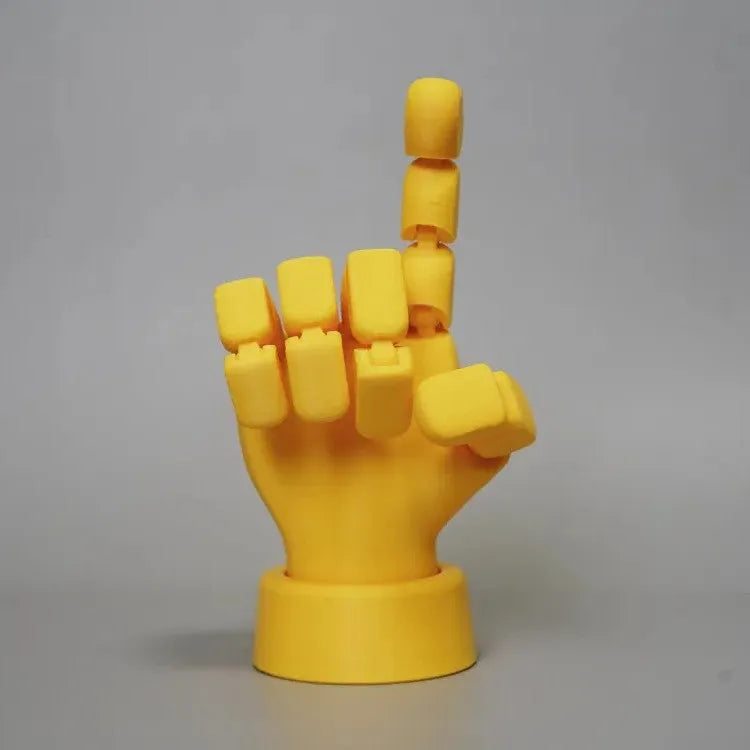 Yellow movable joint hand ornament figurine made from PLA plastic for decorative display.