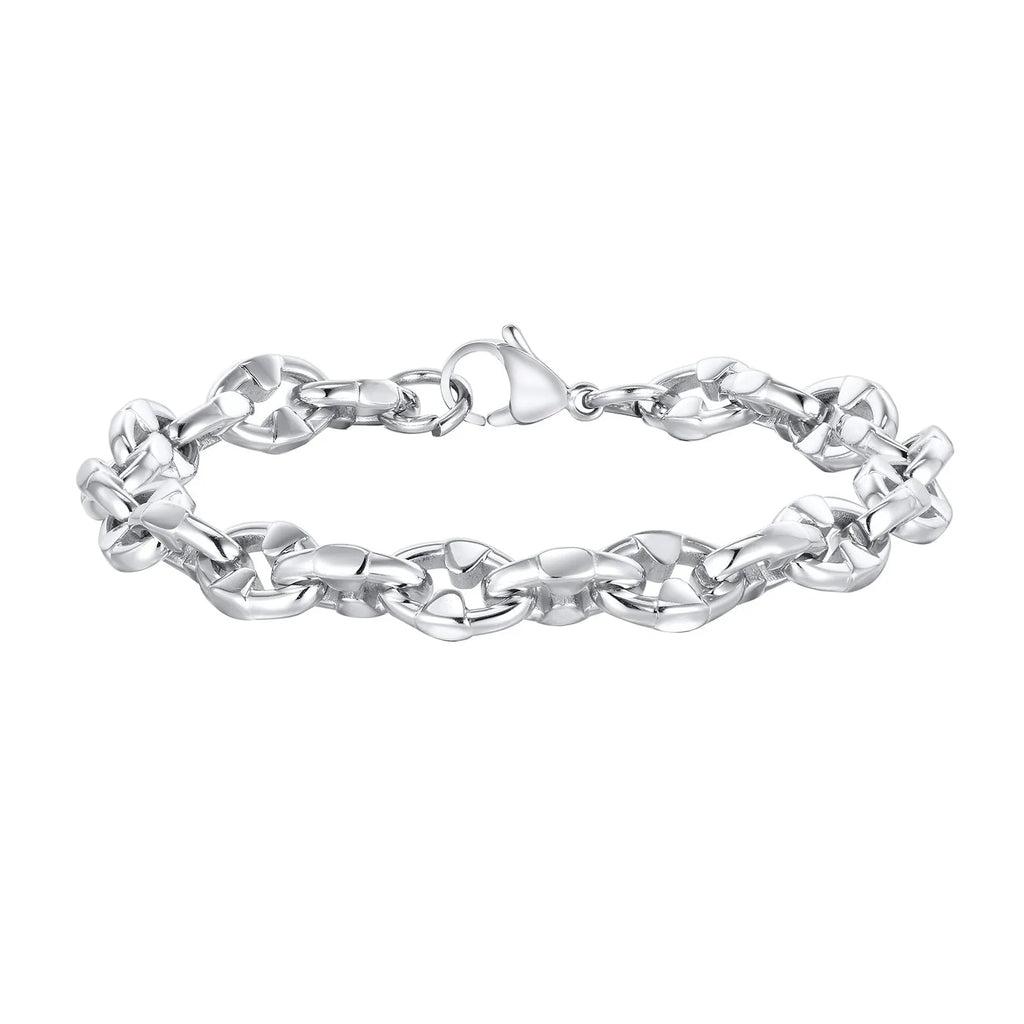 A thick handmade stainless steel bracelet with a geometric shape and steel colour finish.