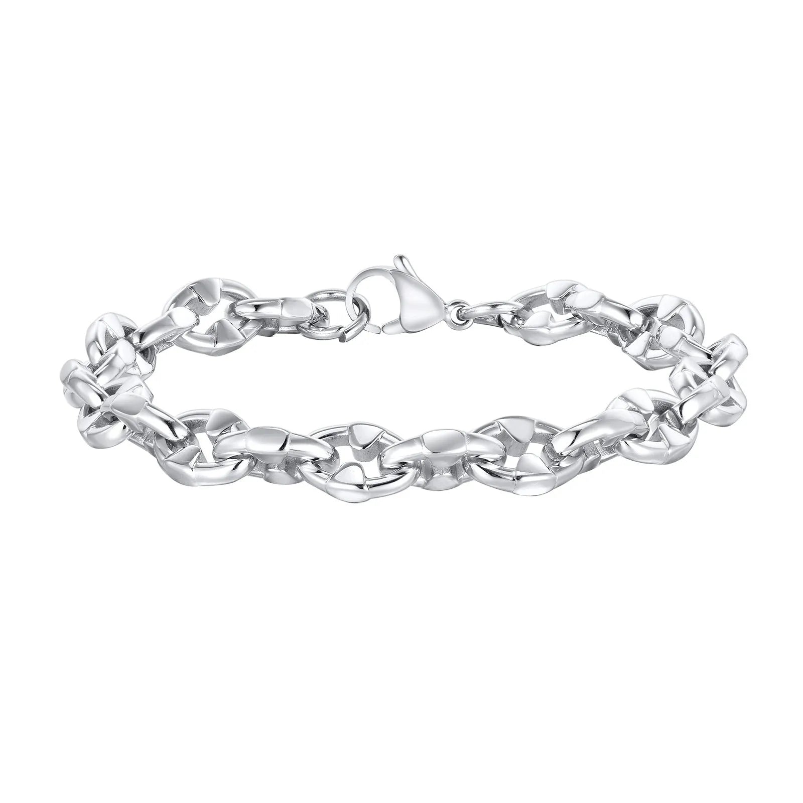 A thick handmade stainless steel bracelet with a geometric shape and steel colour finish.