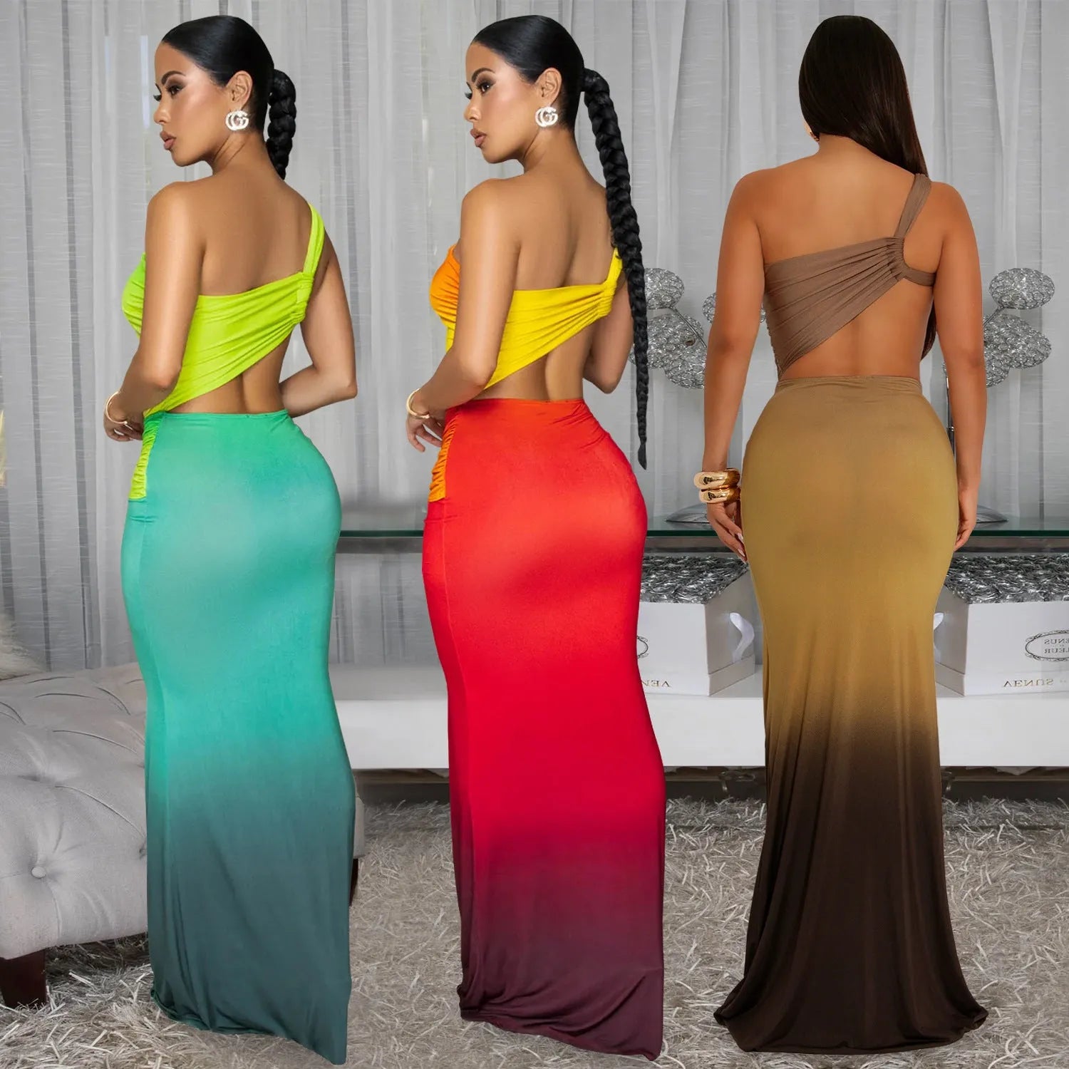 Long red gradient women's dress with cross-shoulder sleeveless neckline and high waist.