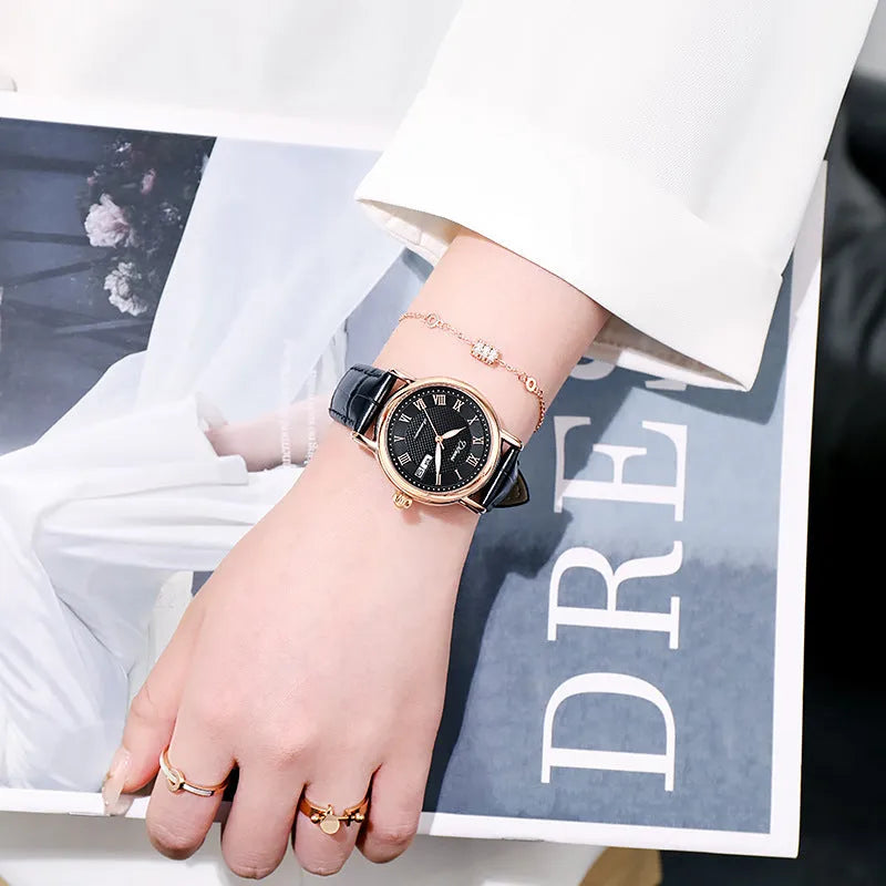 Women's automatic mechanical watch with 12mm case on steel belt and leather strap in various colours.