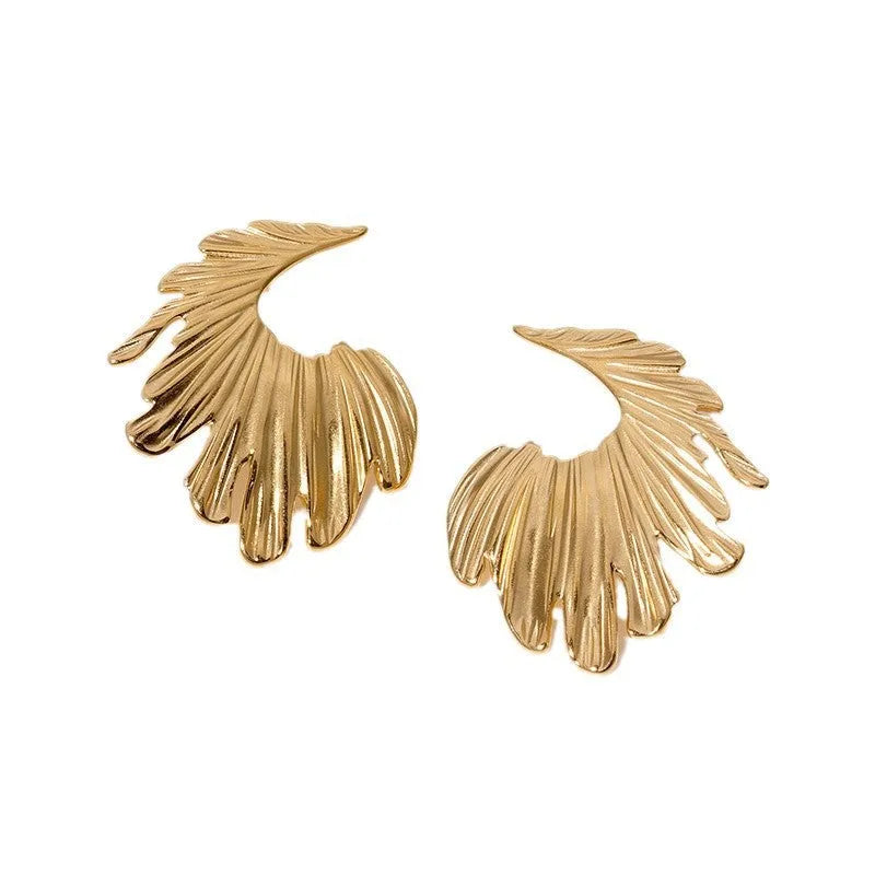 Stainless steel leaf design stud earrings in gold or steel electroplated finish