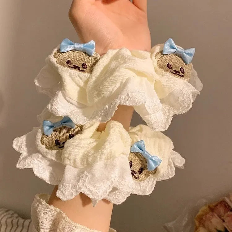 Bear blue bow lace elastic large intestine hair ring with cute bear motif on cloth material