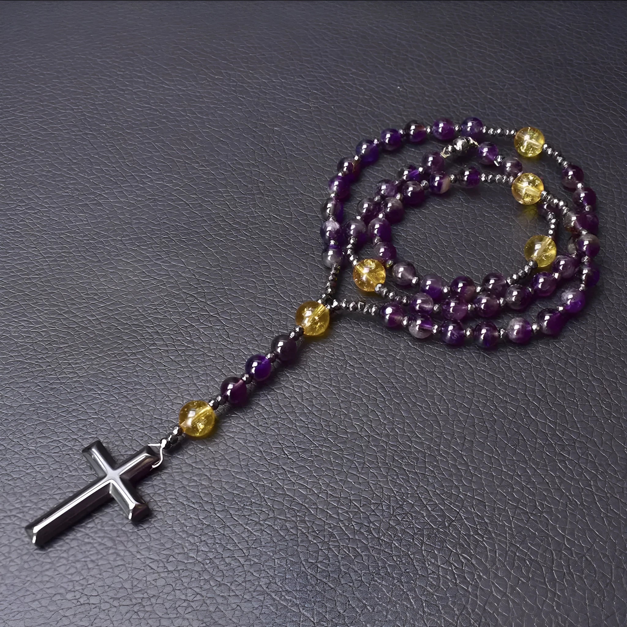 Men's stone cross pendant necklace on 80cm ball bead chain with safety lock clasp