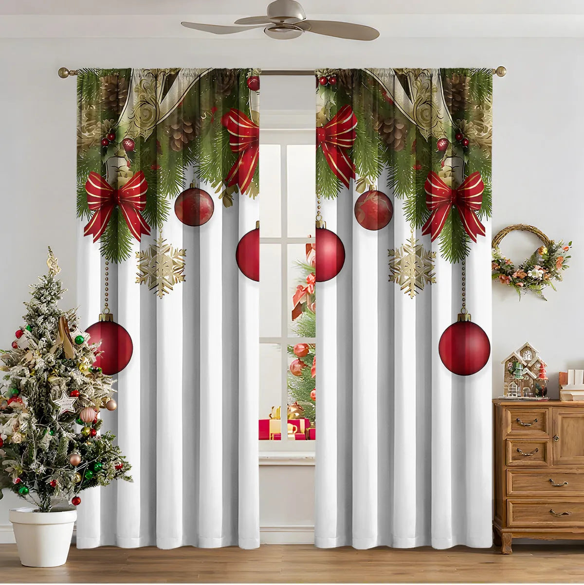 Pair of 3D digitally printed Christmas curtains in a modern design, made from polyester fabric.