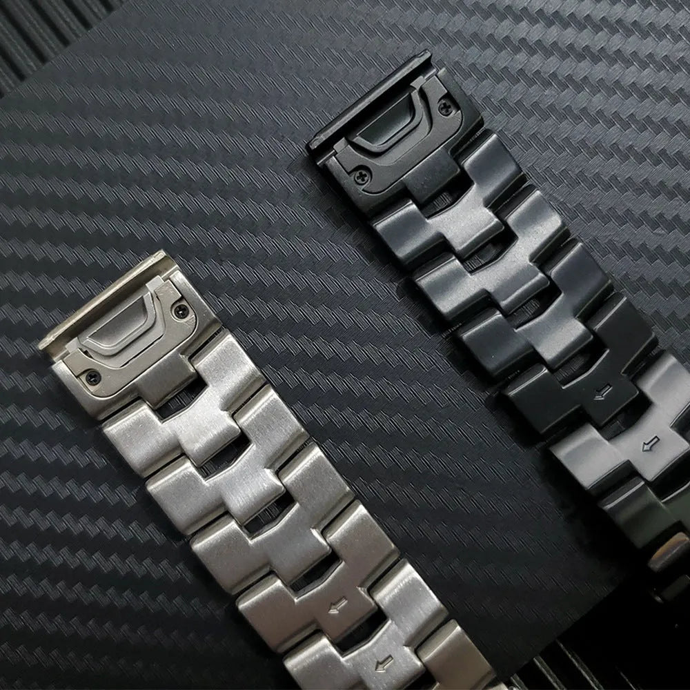 Replacement watch strap for Garmin Fenix and Jiaming smartwatches in black, silver, and titanium colours.