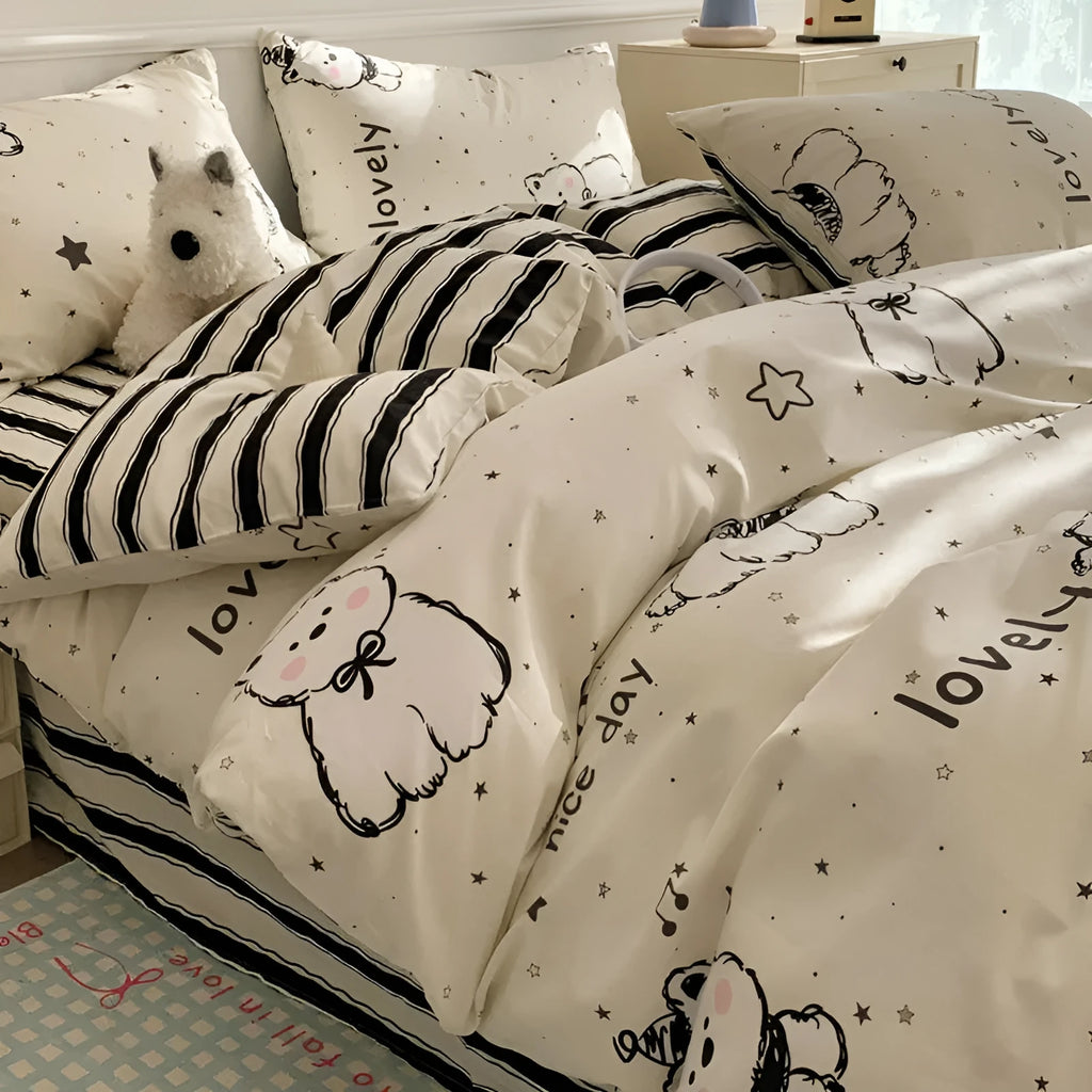 Cartoon dog pattern on a pure cotton duvet cover and pillowcase from a four-piece bedding set.