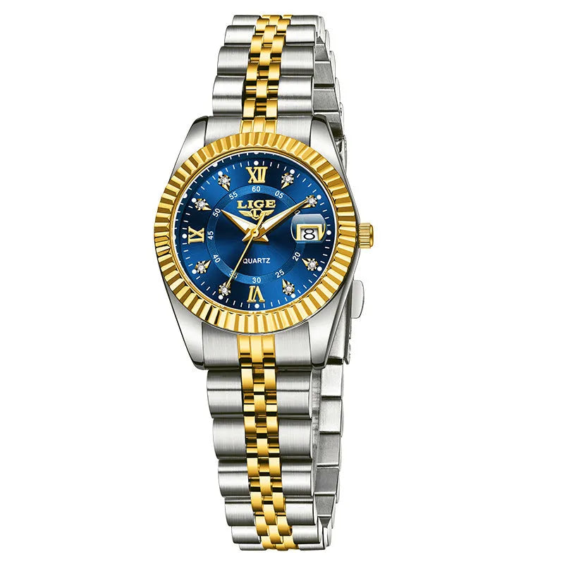 Slim gold and silver waterproof quartz fashion watch for women on a wrist, showing 10mm thickness.