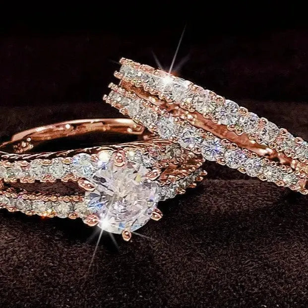Women's convertible 2 in 1 ring set with fully-jewelled finish in silver, gold, and rose gold options