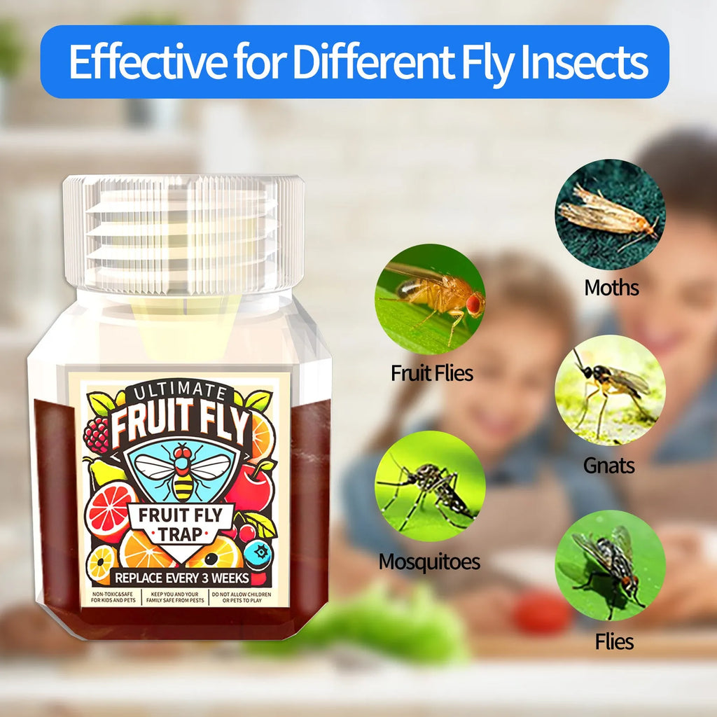 Bottle of SK003 fruit fly trapper bait liquid on a kitchen counter.