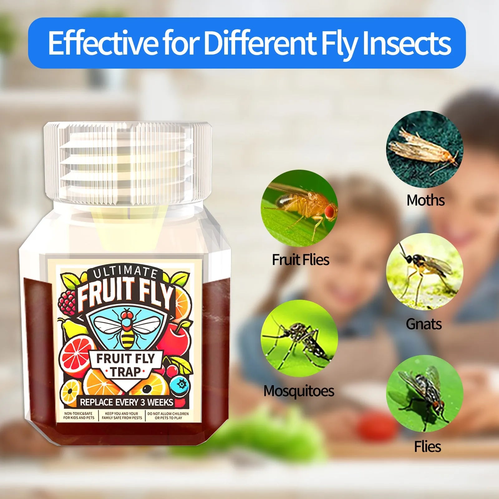 Bottle of SK003 fruit fly trapper bait liquid on a kitchen counter.