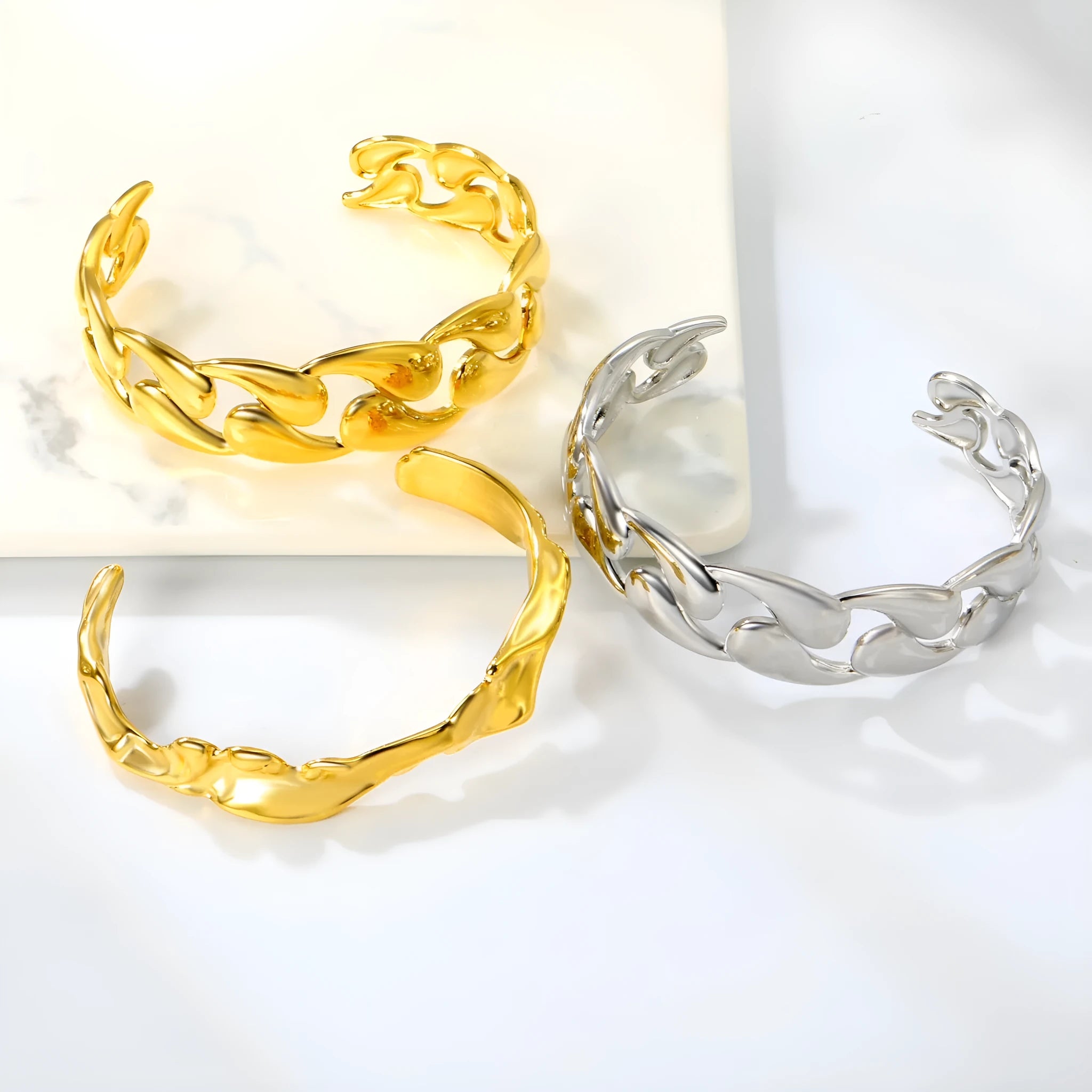 Stainless steel advanced style alloy bracelet for men and women in three colour variants.