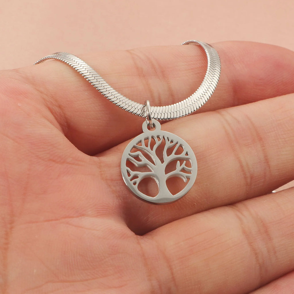 Stainless steel lucky tree necklace with adjustable length and tree pendant on snake bone chain