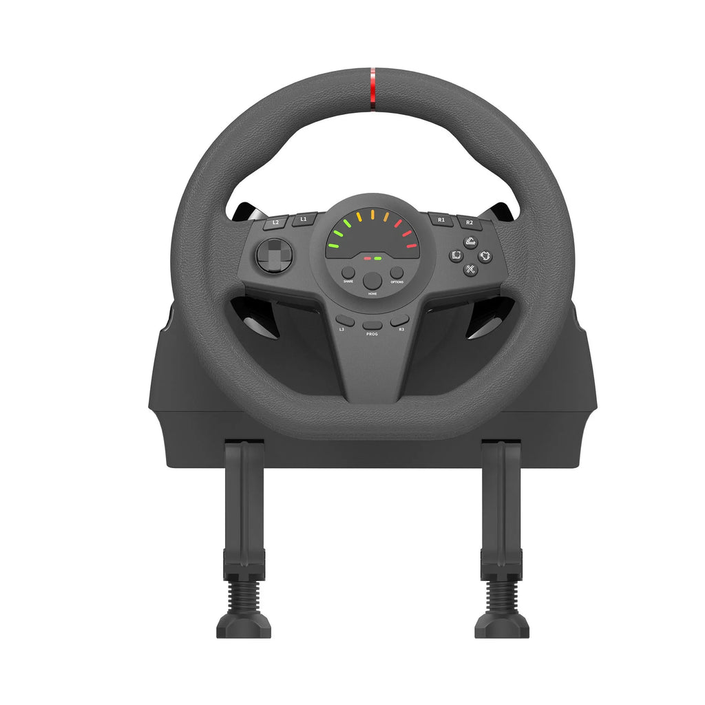 Black multi-platform USB steering wheel game controller with two pedals and vibration feedback.