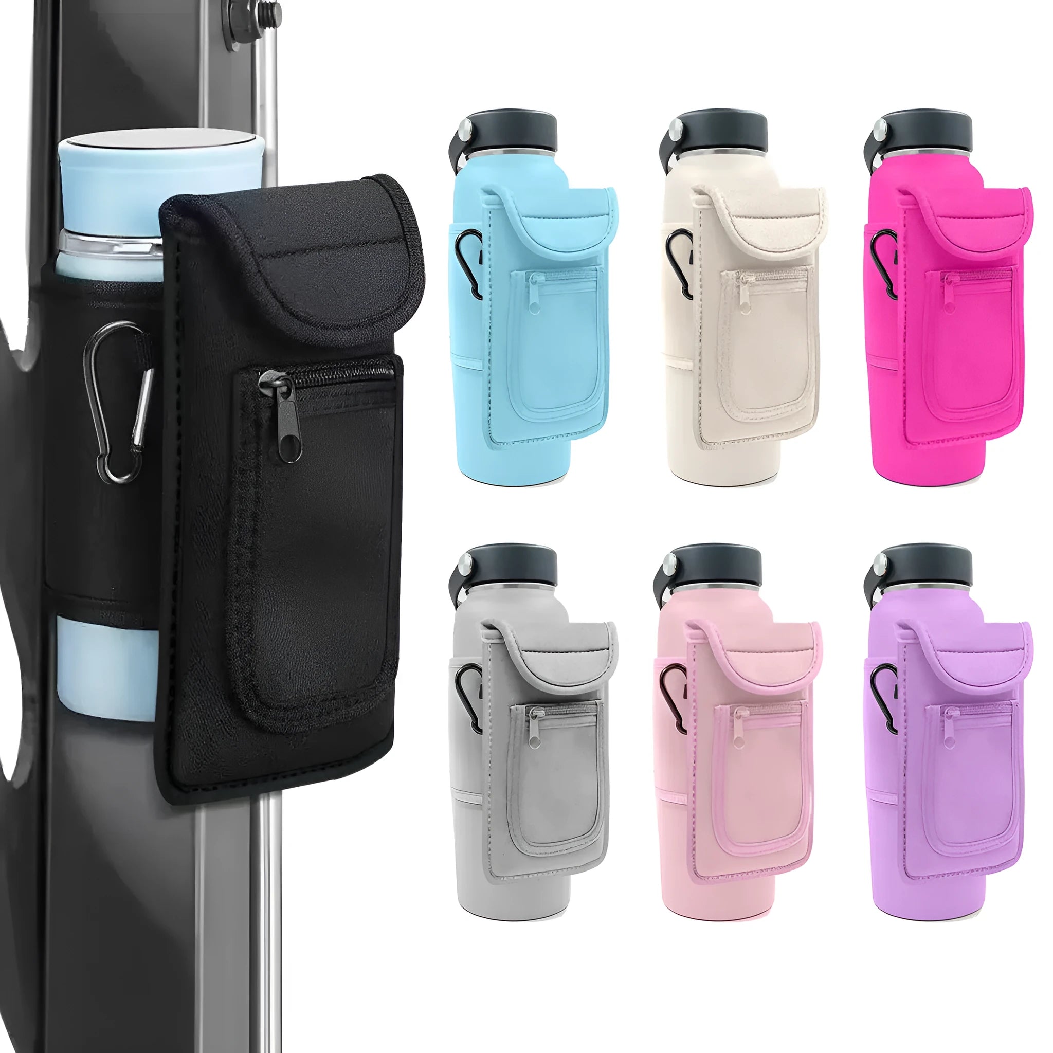 Fitness magnetic water bottle sleeve in black with a carabiner clip, shown on a sports bag.